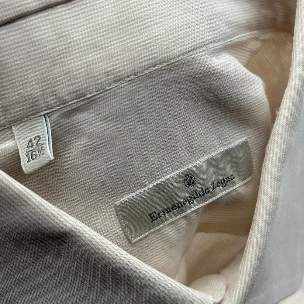 Ermenegildo Zegna Mens Beige Micro Stripe Cotton Button Down‎ Shirt Size 42 16.5